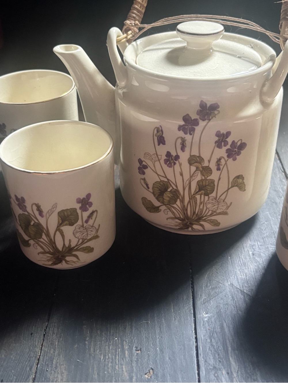 Otagiri Cream Ceramic Teapot and Cups with Purple Floral Motif